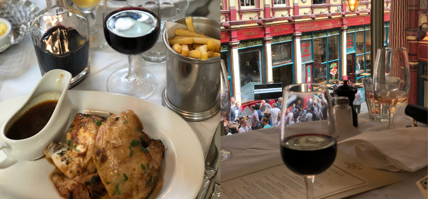 A collage of French cuisine, featuring a half roast chicken, fries, and a glass of red wine