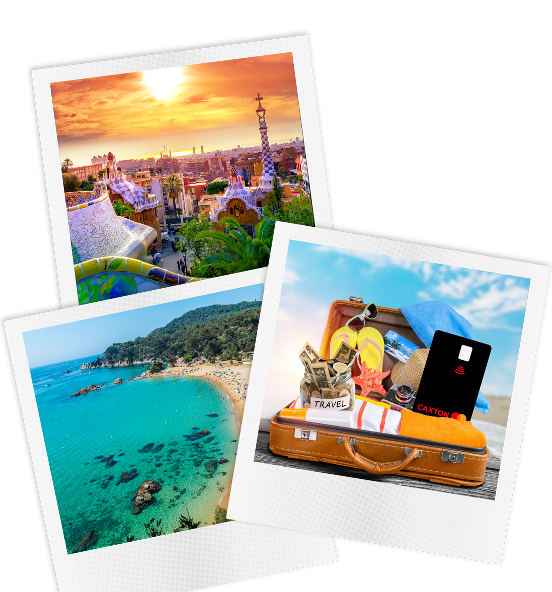 polaroids of a city, beach and suitcase