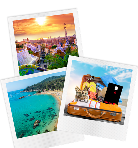 polaroids of a city, beach and suitcase
